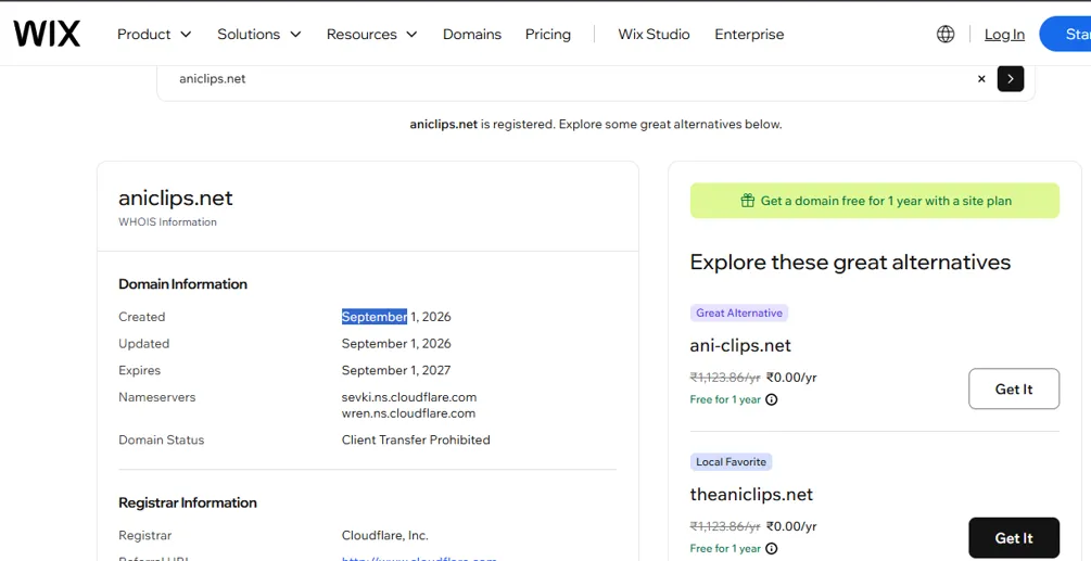 WHOIS record showing aniclips.net domain registration
